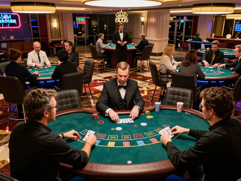 Fesselndes Spielgeschehen an einem Casinotisch mit Immobilienmakler Frankfurt Eckenheim Spielern, die sich auf ihre Hände konzentrieren und Aufregung sowie Strategie zeigen