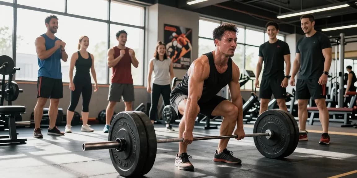 Bodybuilder im Anabolika-Shop beim Deadlift-Training mit Unterstützung von Freunden, motivierende Gym-Atmosphäre.