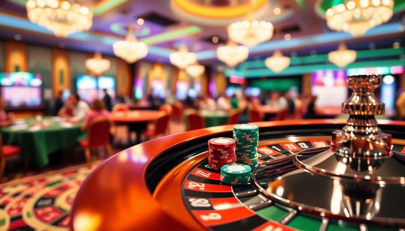 Erlebte Casinospiele bei lebhaften Tischspielen mit Roulette und bunten Chips.