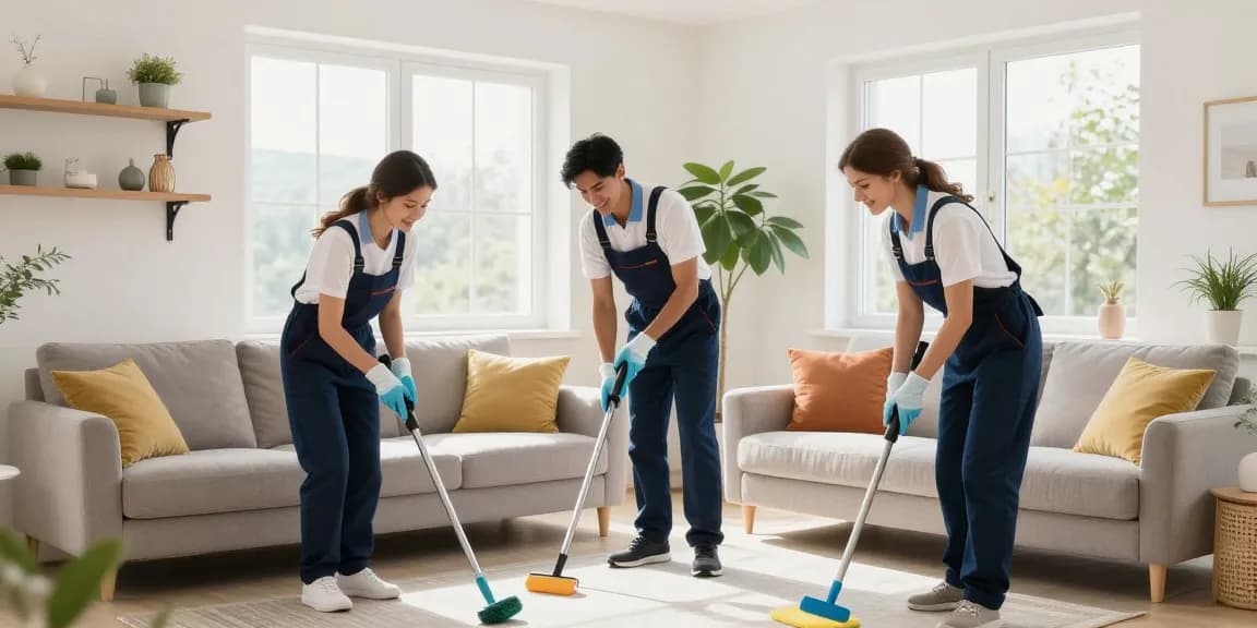 Professional cleaning team showcasing services from reinigungsfirmen in bern in a bright residential living space.