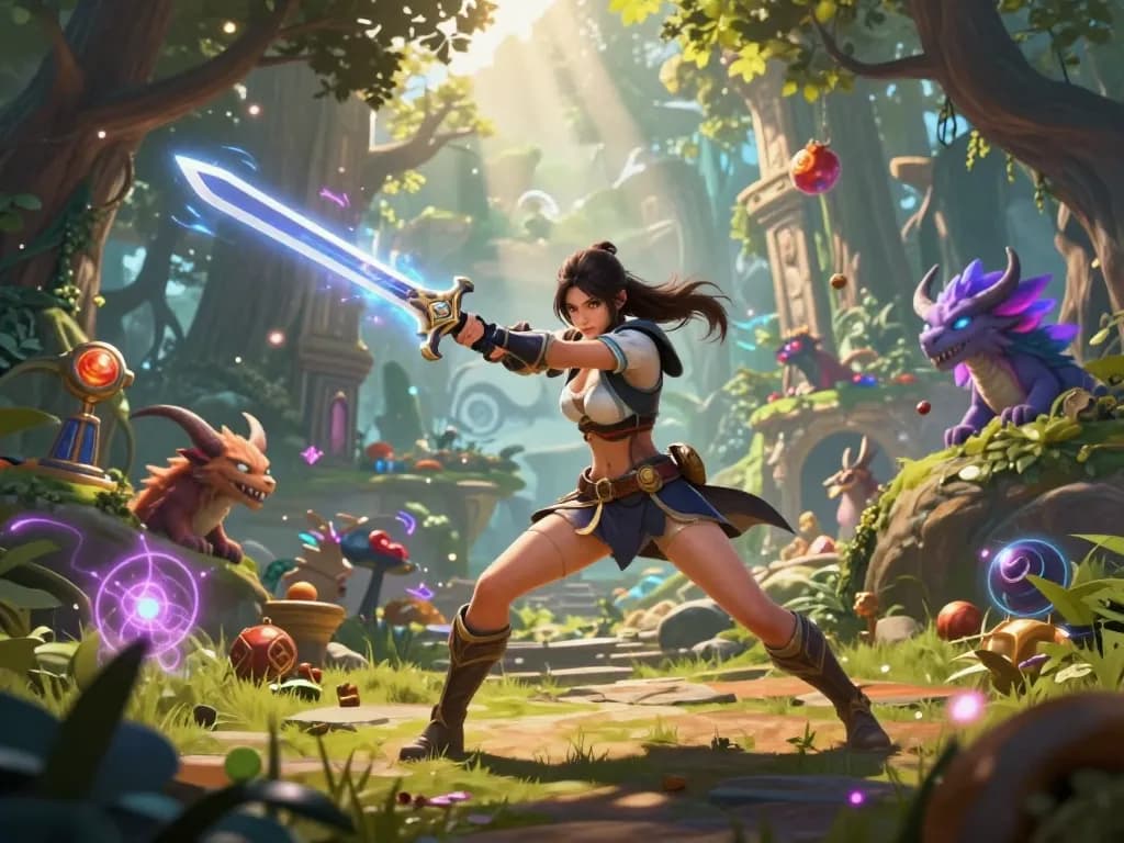 Female protagonist porn games scene featuring an adventurous character battling mythical creatures in a lush fantasy landscape.