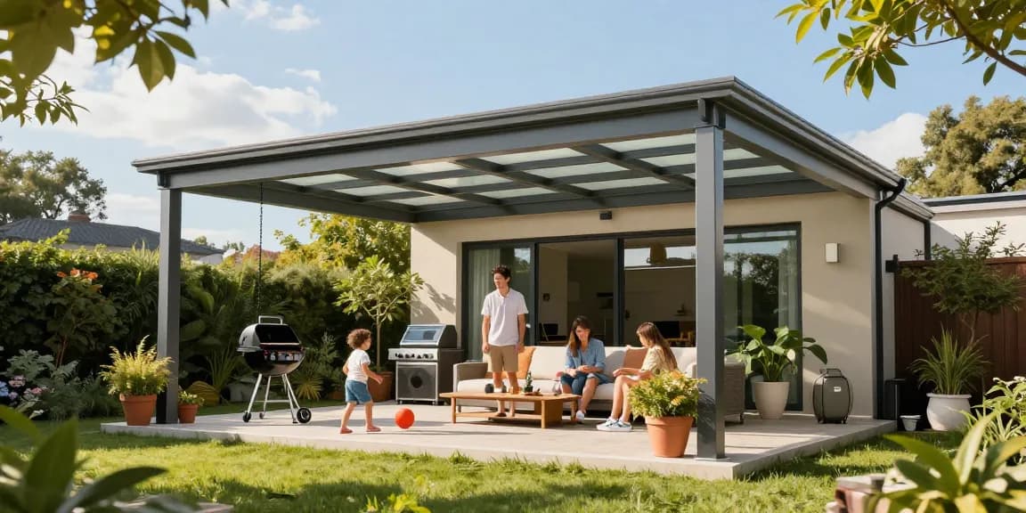 Freistehende Terrassenüberdachung mit Familienaktivitäten im Garten.
