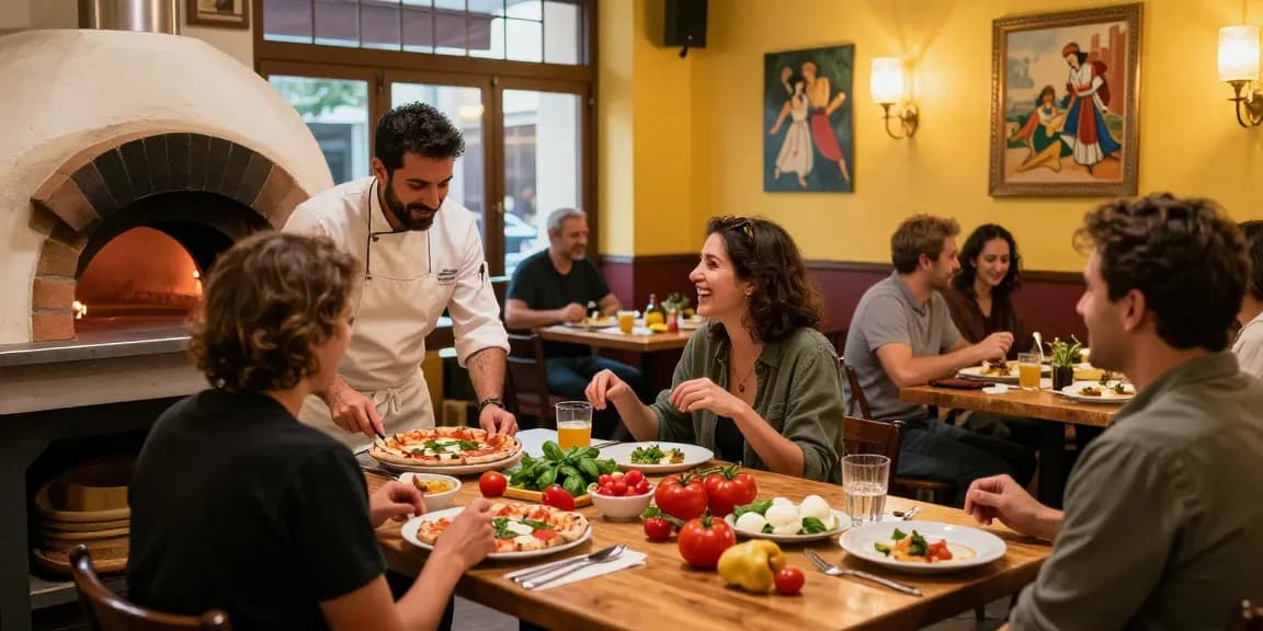 Pizzeria Madera chef crafting authentic pizza, showcasing vibrant ingredients and lively dining atmosphere.