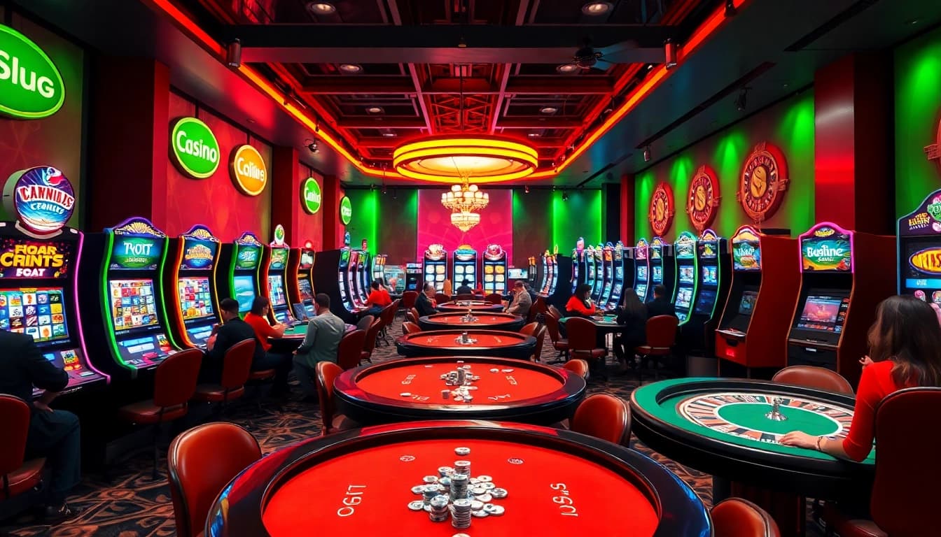 Online casino játéktér tele színes gépekkel és lelkes játékosokkal.
