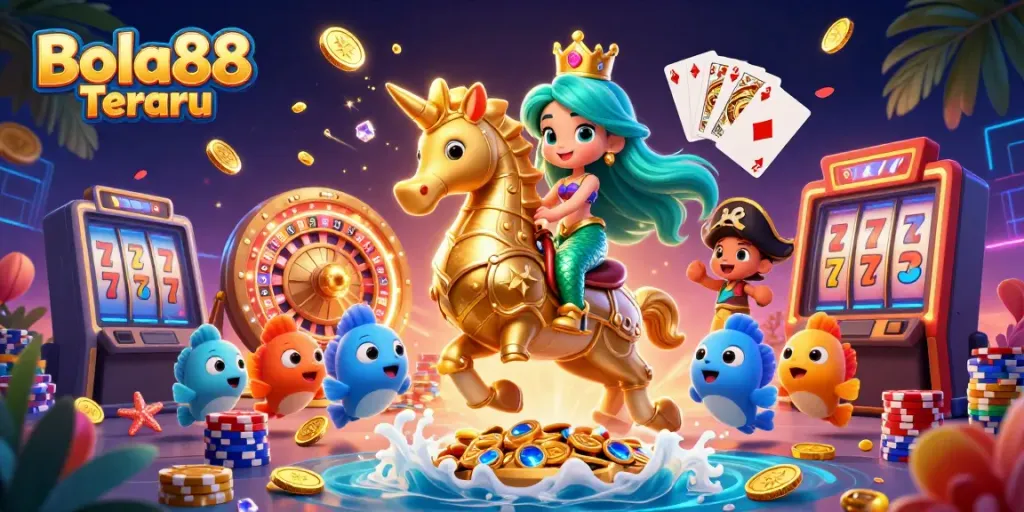 Experience the excitement of Bola88 Terbaru with vibrant 3D characters and casino elements in a dazzling illustration.