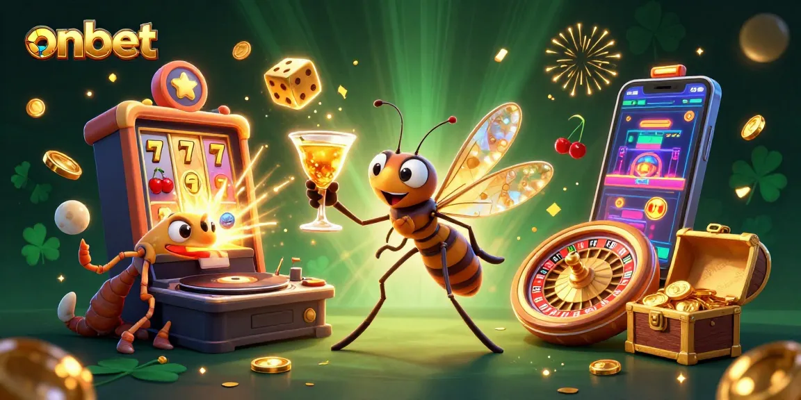 Onbet showcases a lively casino scene with animated characters and symbols of excitement.