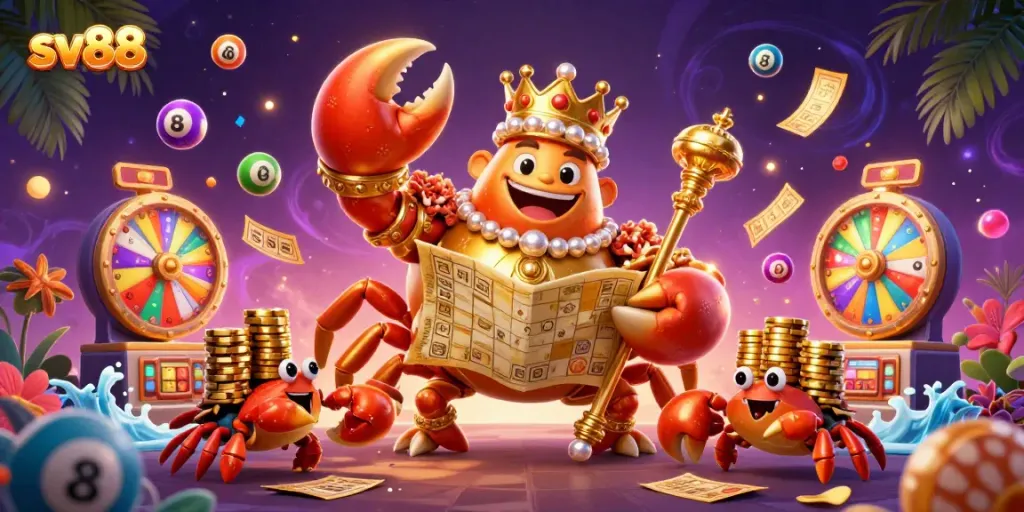 Experience the vibrant world of sv88 with a golden crab emperor among lottery elements, bringing fortune and luck.