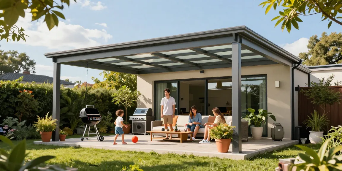 Freistehende Terrassenüberdachung mit Familienaktivitäten im Garten.