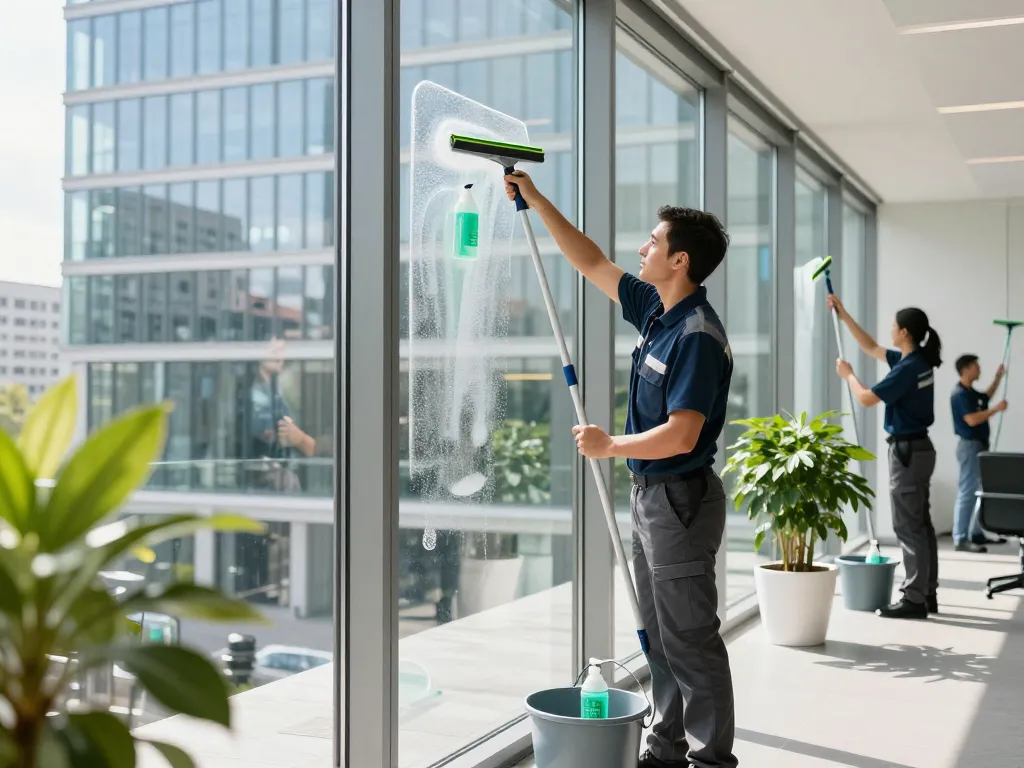 Glasreinigung für Unternehmen in Münster mit professionellen Reinigern, die makellose Fenster in einem modernen Büro gewährleisten.