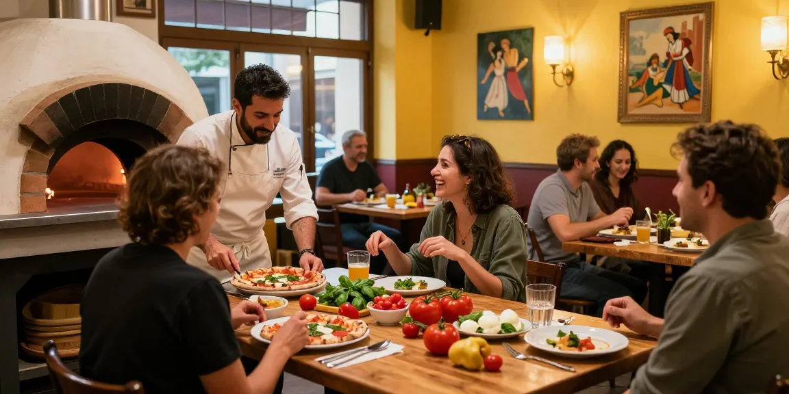 Pizzeria Madera chef crafting authentic pizza, showcasing vibrant ingredients and lively dining atmosphere.