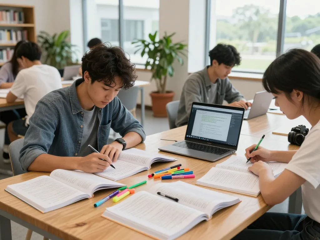 Schüler, der innovative Methoden zum Hausaufgaben Lösen in einer hellen Bibliothek mit modernen Lernhilfen anwendet.