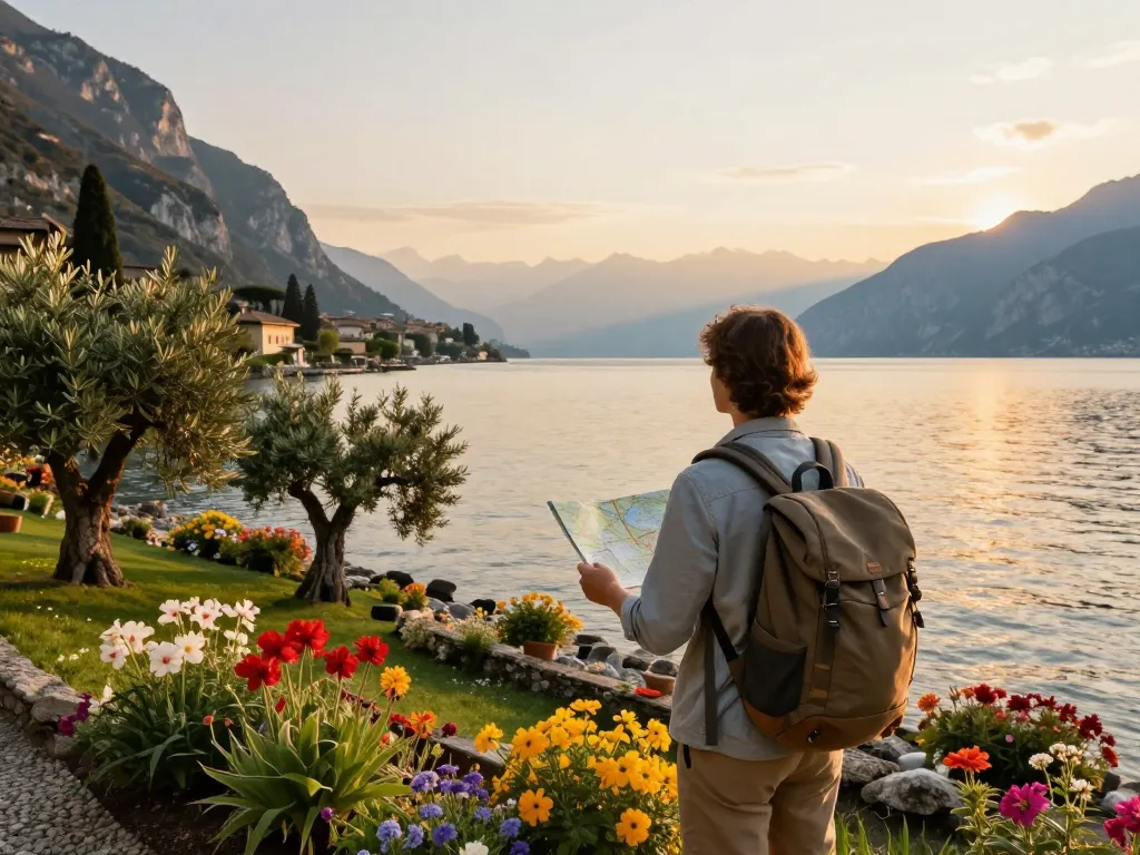 Gardasee Reisetipps für Reisende, die die malerischen Ufer des Gardasees bei Sonnenaufgang erkunden.