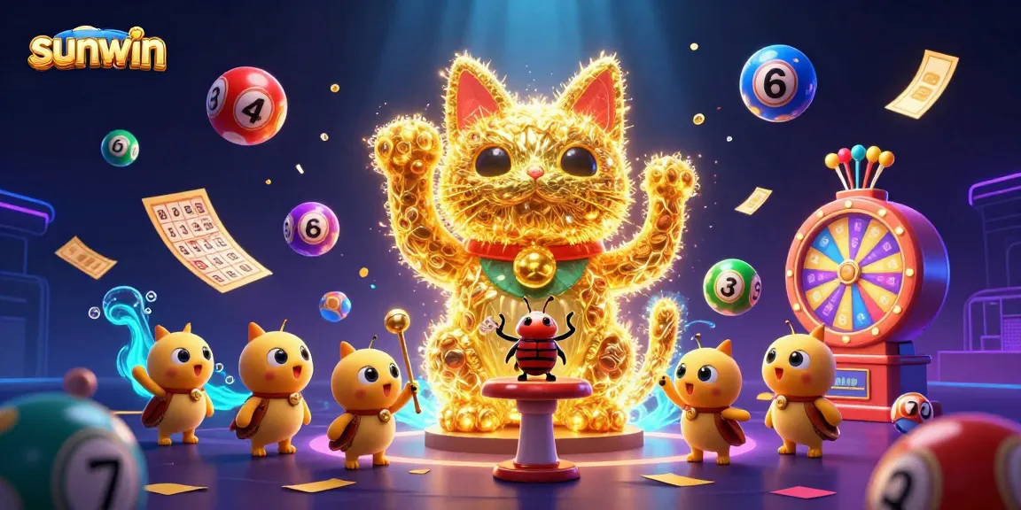 Engage with sunwin's vibrant casino atmosphere featuring a lucky cat and festive lottery elements.