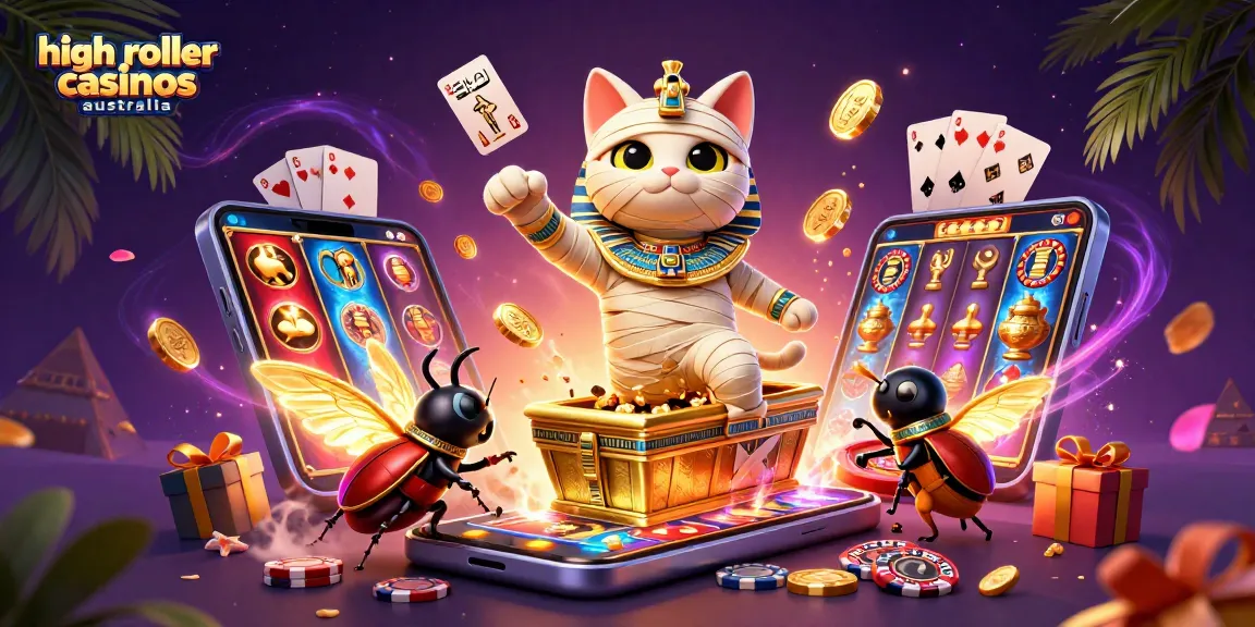 Experience high roller casinos Australia with a vibrant illustration of a mummy cat and glowing beetle in action.