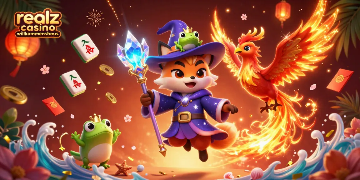 Erlebe den realz casino Willkommensbonus in dieser fantastischen 3D-Illustration mit einem magischen Fuchs und seinem Phönix-Begleiter.