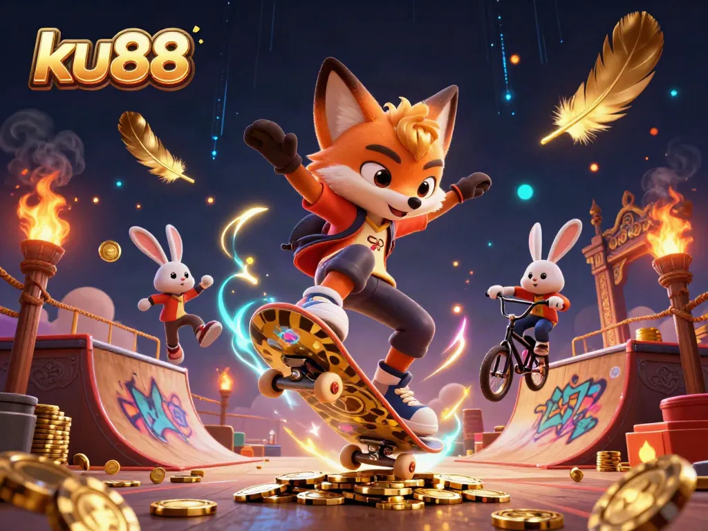 Exciting ku88 illustration featuring a skateboarder fox and BMX rabbit in a dynamic casino scene.
