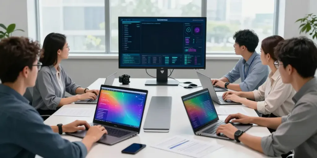 IT Service Frankfurt, IT-Sicherheitsexperten arbeiten in modernem Büro an Sicherheitslösungen.