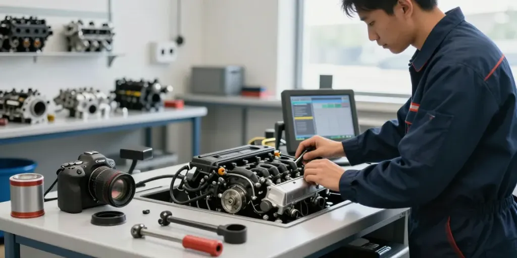 BMW Werkstatt Hannover: Professioneller Mechaniker bei der Motorinspektion.
