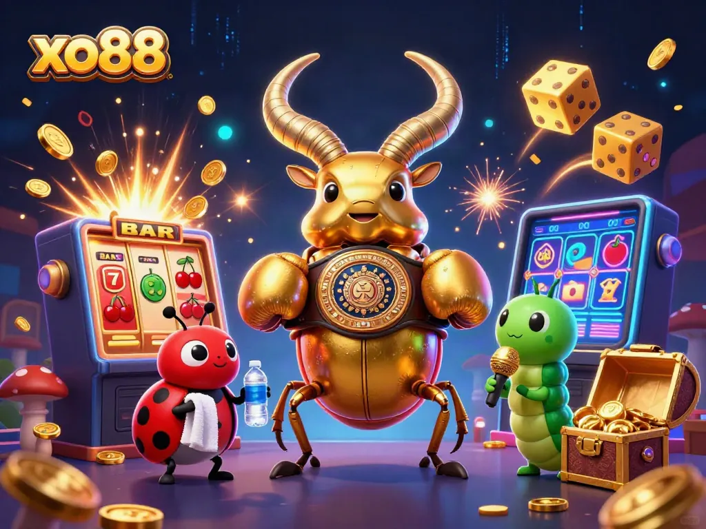 Join the exciting betting action at xo88 with a golden stag beetle champion and lively casino symbols.