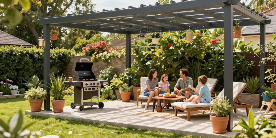 Moderne Terrassenüberdachungen aus Aluminium im Garten mit Familie und Grill bei Nachmittagssonne.