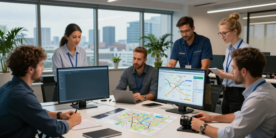OCARGO Spedition Düsseldorf Team bei der effizienten Planung internationaler Transporte in modernem Büro.