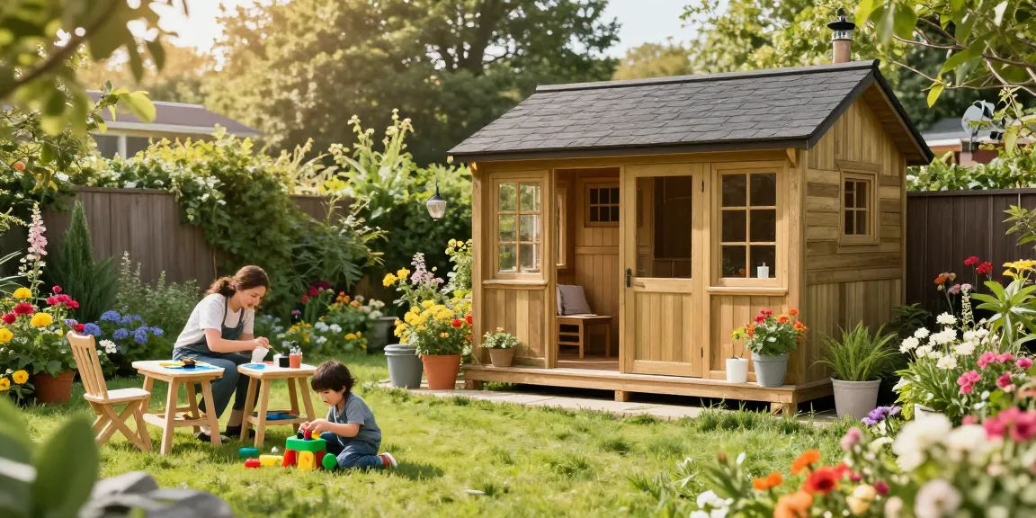 Gartenhaus kaufen: Stilvolles Holz-Gartenhaus im bunten Garten mit spielenden Kindern