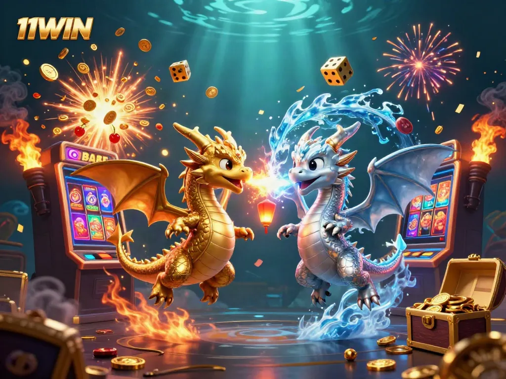 Engage in thrilling gaming with 11WIN as two dragons clash, showcasing a vibrant jackpot explosion.