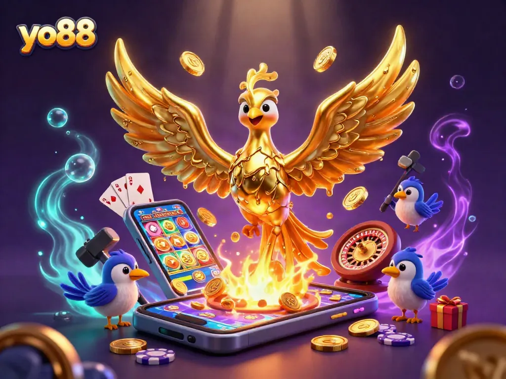Experience the thrill as yo88's golden phoenix emerges amidst dynamic casino elements and rich visuals.