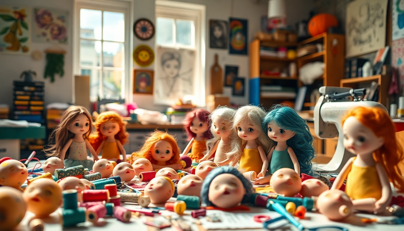 Gutdolls handgefertigte Puppen in einem kreativen Arbeitsplatz, umgeben von Nähmaterialien.