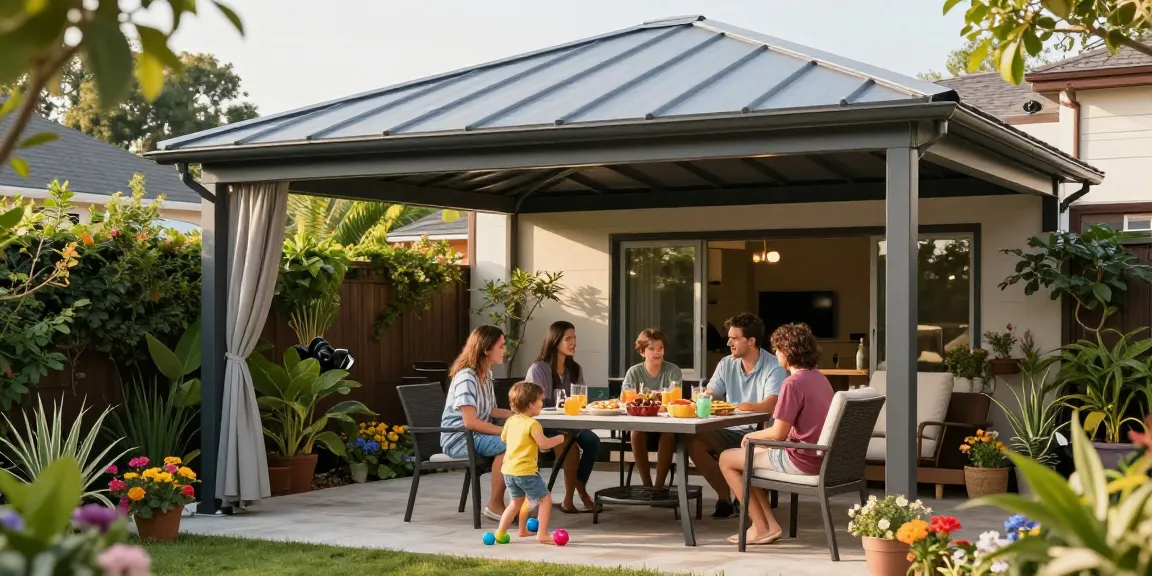 Moderne Terrassenüberdachung bietet entspannte Atmosphäre für Familie im Garten.