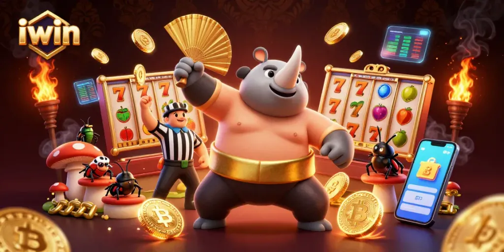 iwin champions the slot world with a dynamic scene featuring a powerful beetle and sparkling coins