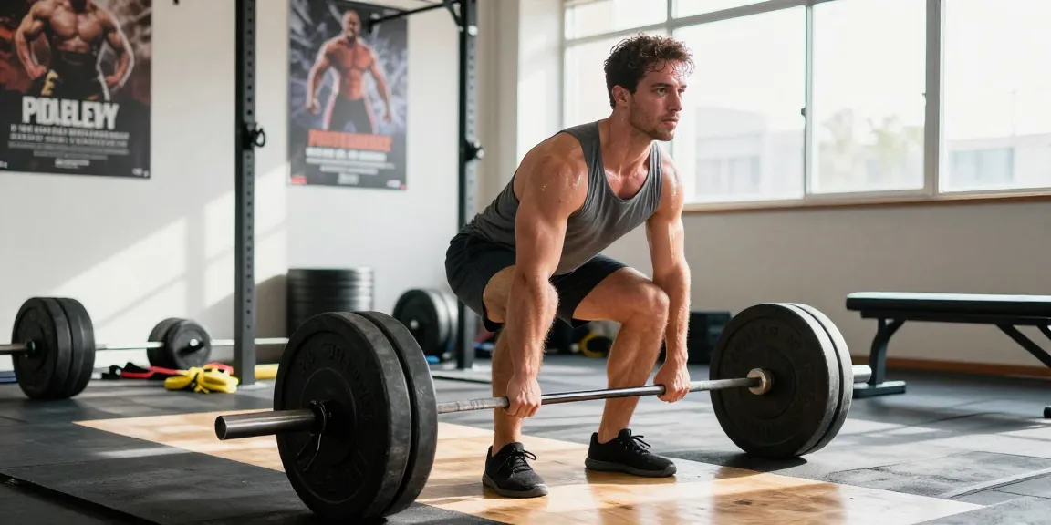 Anabolika Shop: Athlet hebt schwere Gewichte im Fitnessstudio, umgeben von Trainingsgeräten und motivierenden Postern.