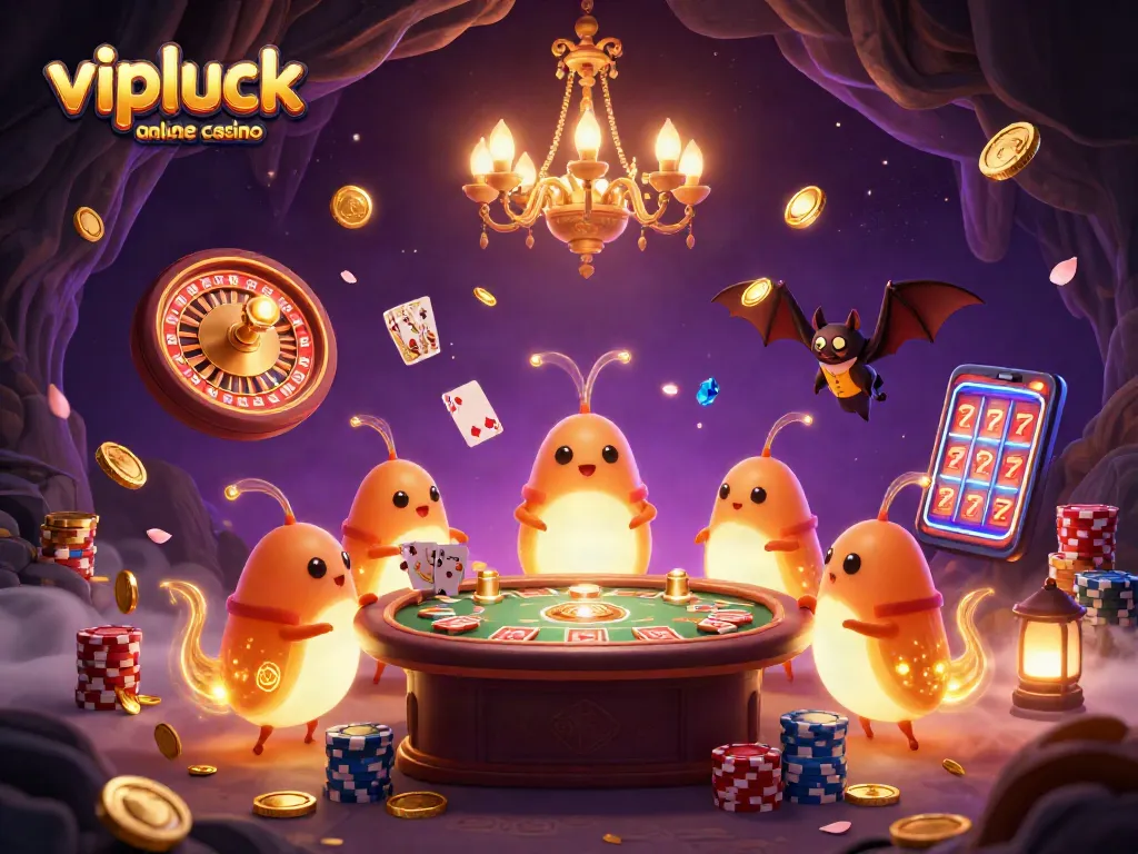 Experience excitement at vipluck online casino with glowworms illuminating an energetic cave casino scene.