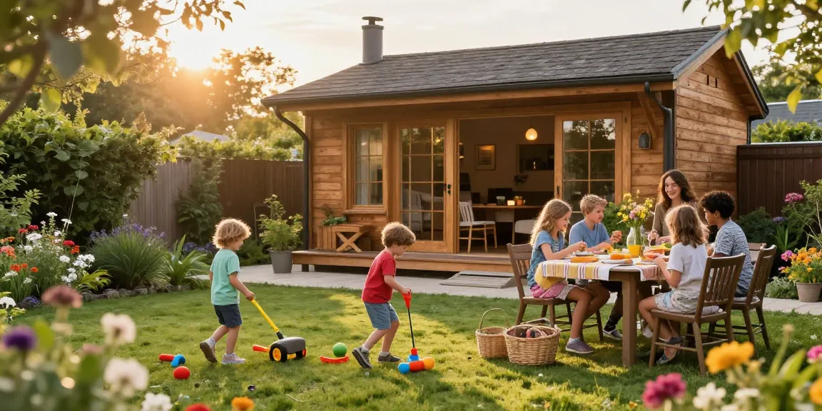 Familie genießt den Garten mit einem stilvollen Garten Haus, Kinder spielen und Blumen blühen.
