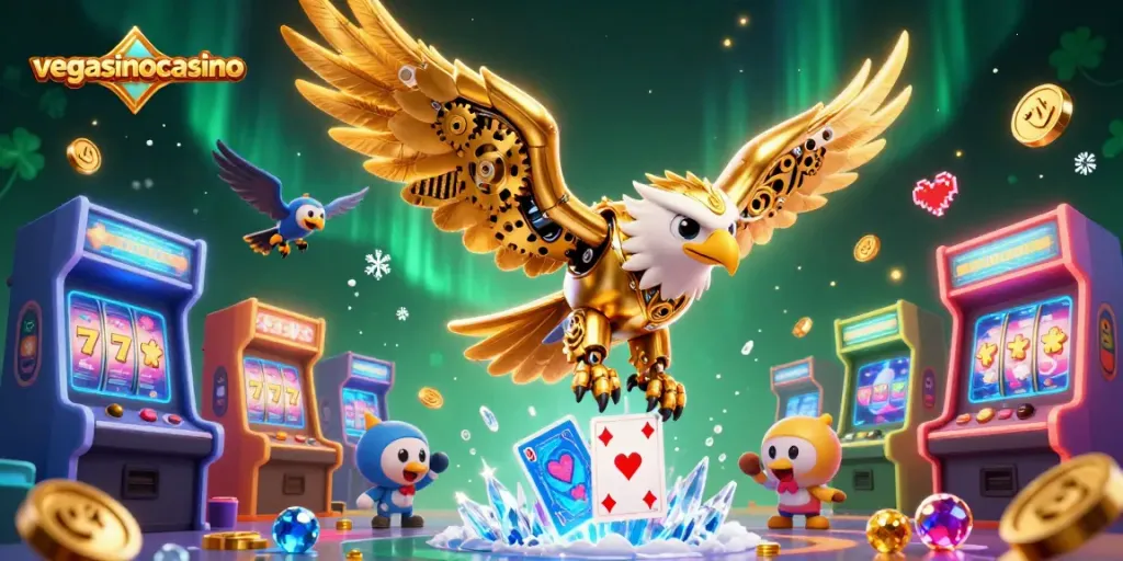 Engage with vegasinocasino through a vibrant 3D illustration depicting a golden eagle amidst gaming elements.