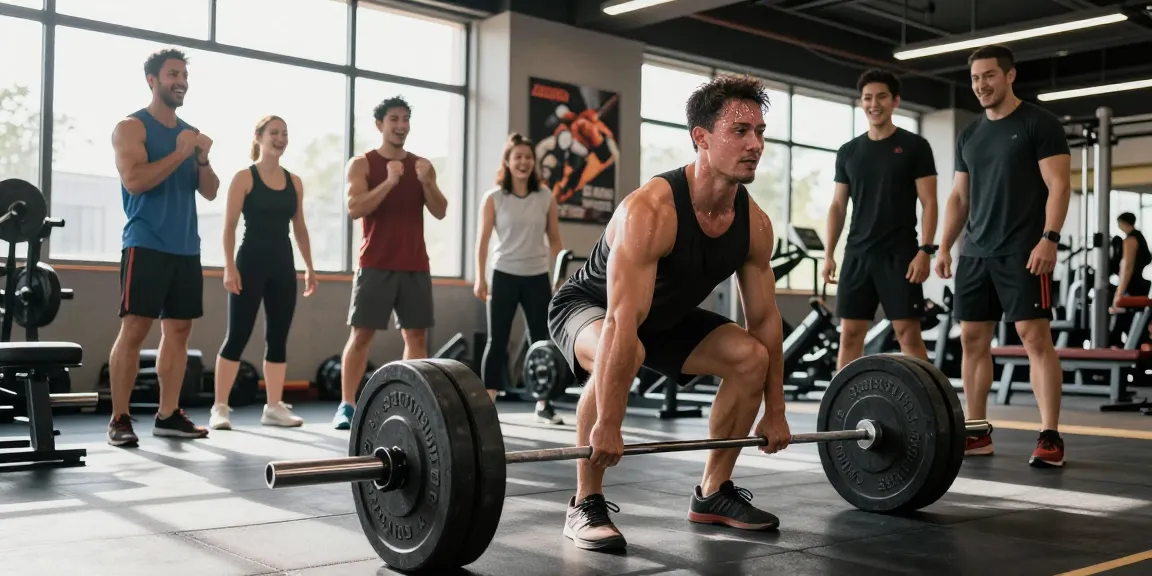 Bodybuilder im Anabolika-Shop beim Deadlift-Training mit Unterstützung von Freunden, motivierende Gym-Atmosphäre.