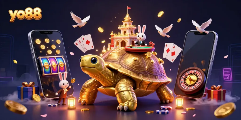 Join the excitement with yo88 as golden coins soar around a magical casino on a tortoise shell.