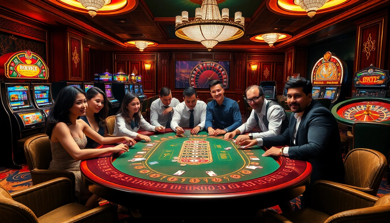 Engaged players at a luxurious casino table with BDTK1-themed poker chips and cards.