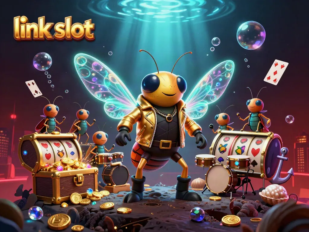 Win big at link slot with vibrant casino elements and exciting characters in an underwater scene.