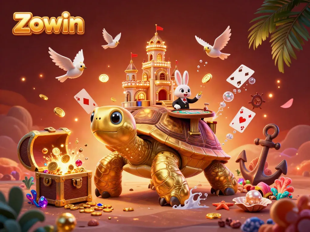 Zowin's vibrant 3D casino scene with a golden tortoise and rabbit dealer amidst treasures.