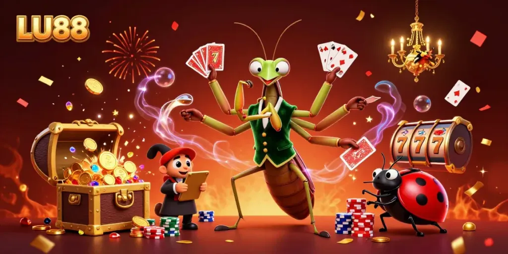 LU88 engaging players with vibrant visuals of a 3D cartoon praying mantis and ladybug amidst a treasure-filled casino scene.