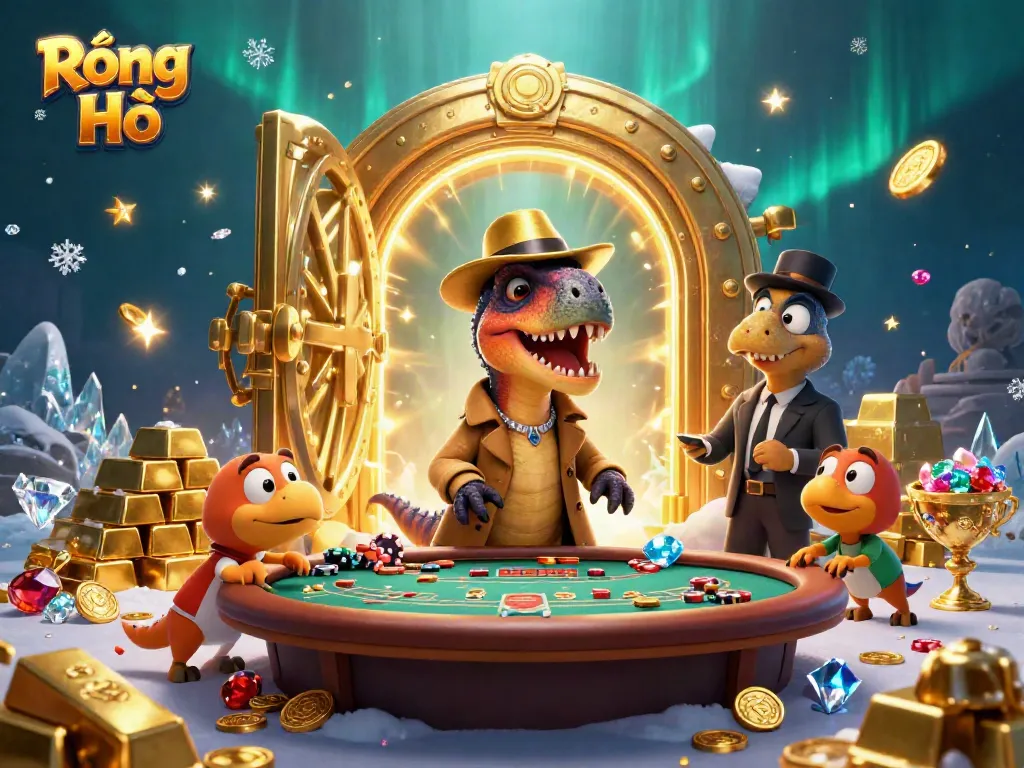 Experience thrilling Rồng Hổ action with a clever velociraptor card counter at a casino table.