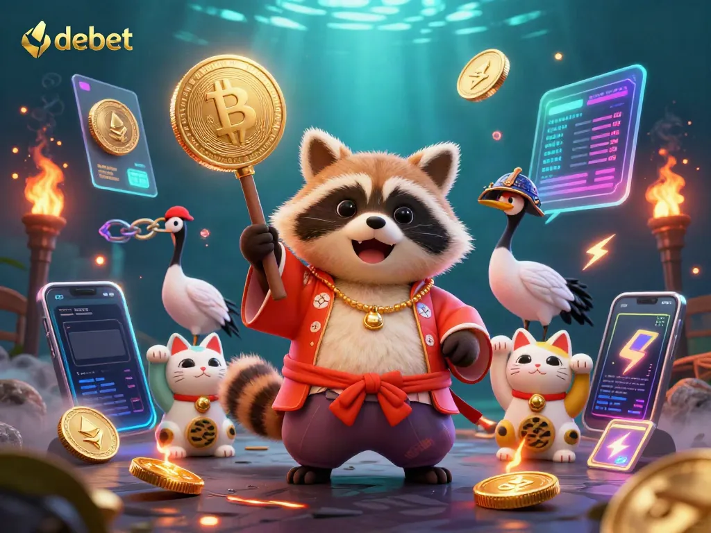 Experience the excitement of debet with a vibrant 3D illustration of tanuki in festival attire amid Bitcoin and Ethereum coins.