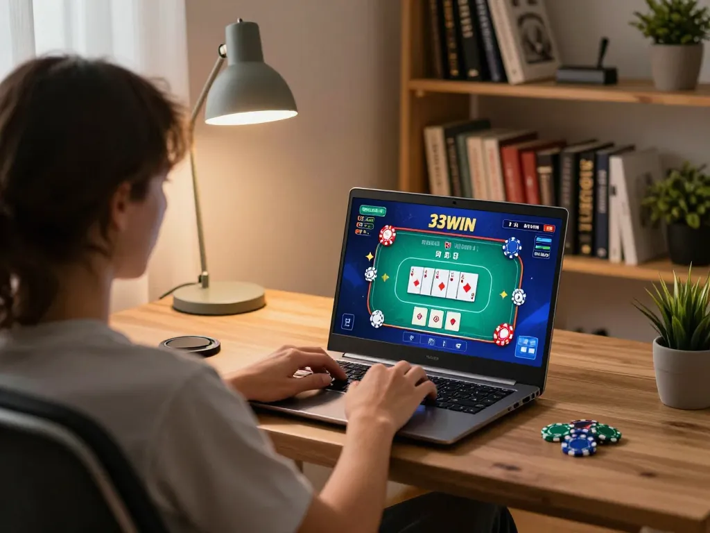 Engaging session of 33WIN in a cozy home gaming setup with poker interface visible.