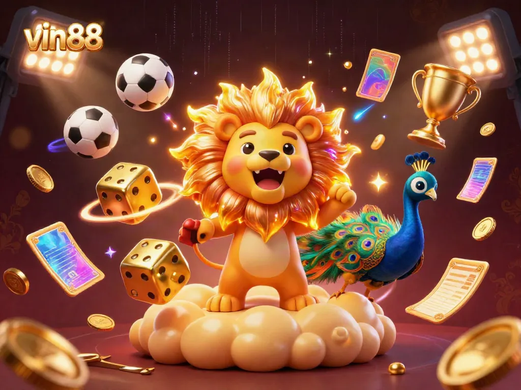 Experience the thrilling world of vin88 with a vibrant 3D casino illustration featuring energetic elements and characters.