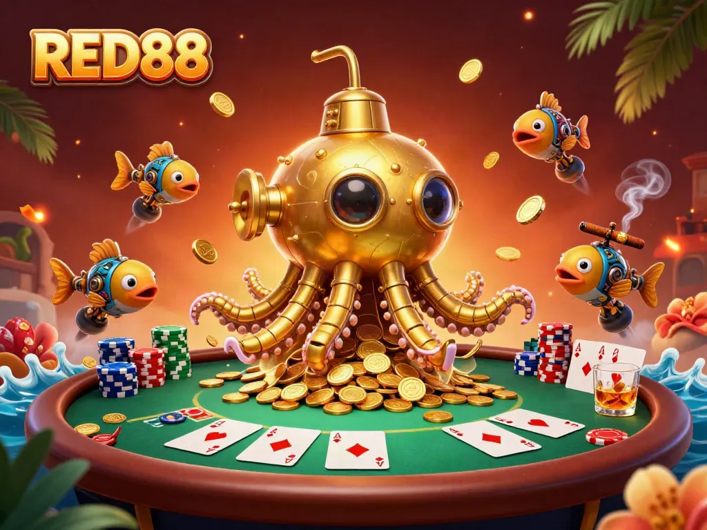 Engage in thrilling gameplay at RED88 with a golden kraken submarine and poker elements.