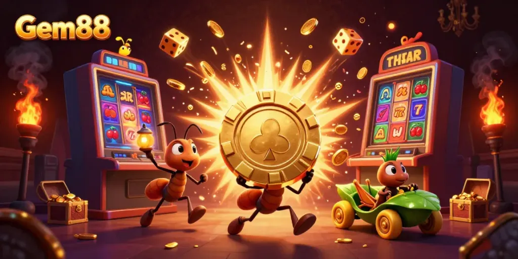 Gem88 players enjoy a thrilling heist scene with cartoon ants transporting a giant poker chip amidst exploding jackpots and vibrant casino elements.