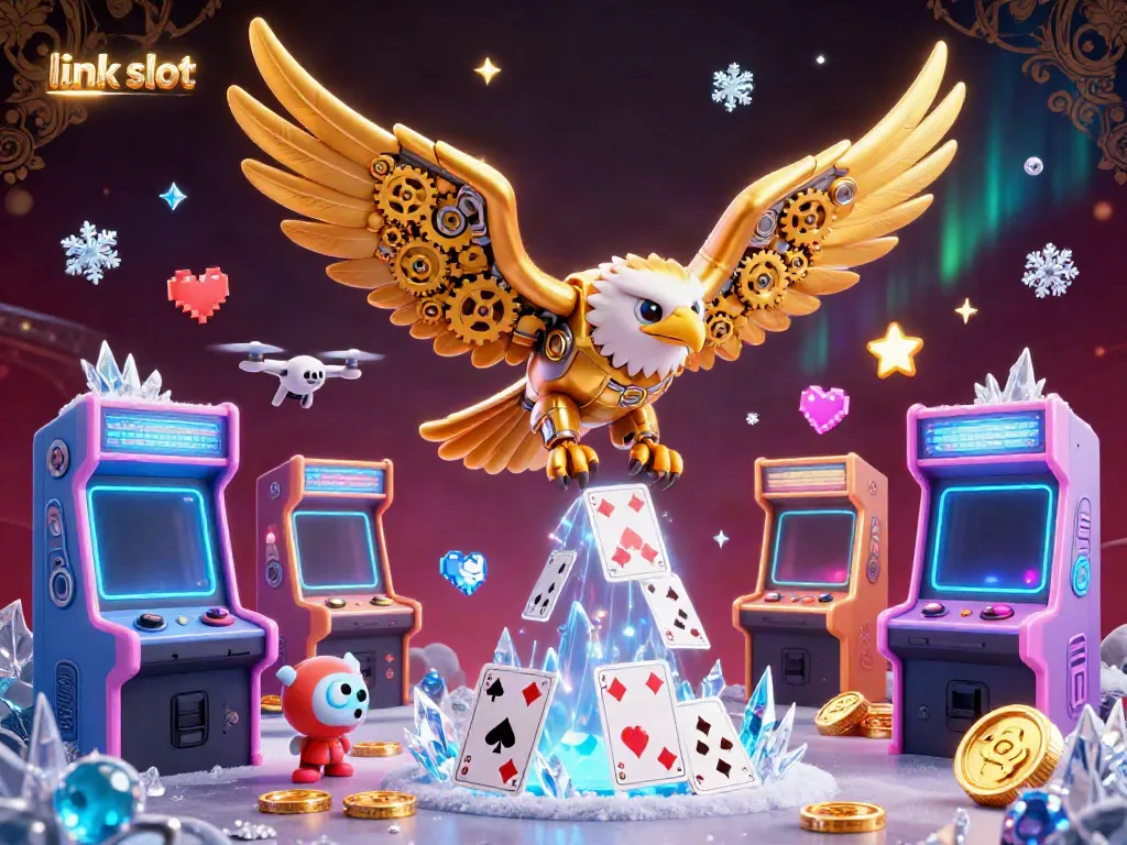 Experience high-energy action at link slot with a cybernetic eagle amidst vibrant casino elements.