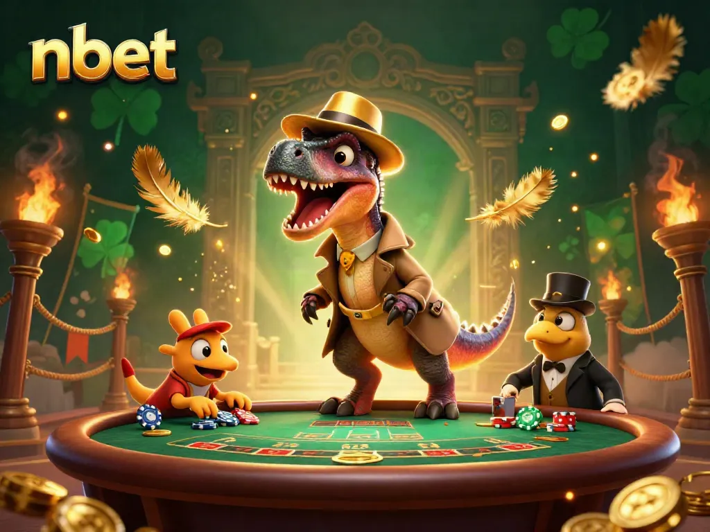 Experience thrilling gaming action with nbet as a velociraptor card counter sneaks at a majestic casino scene.