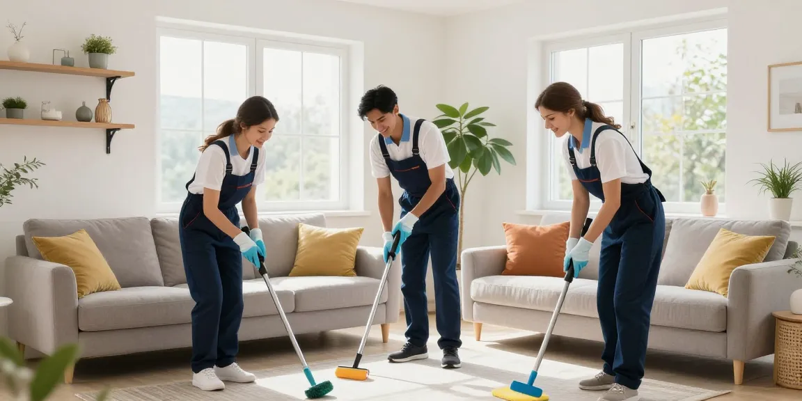 Professional cleaning team showcasing services from reinigungsfirmen in bern in a bright residential living space.